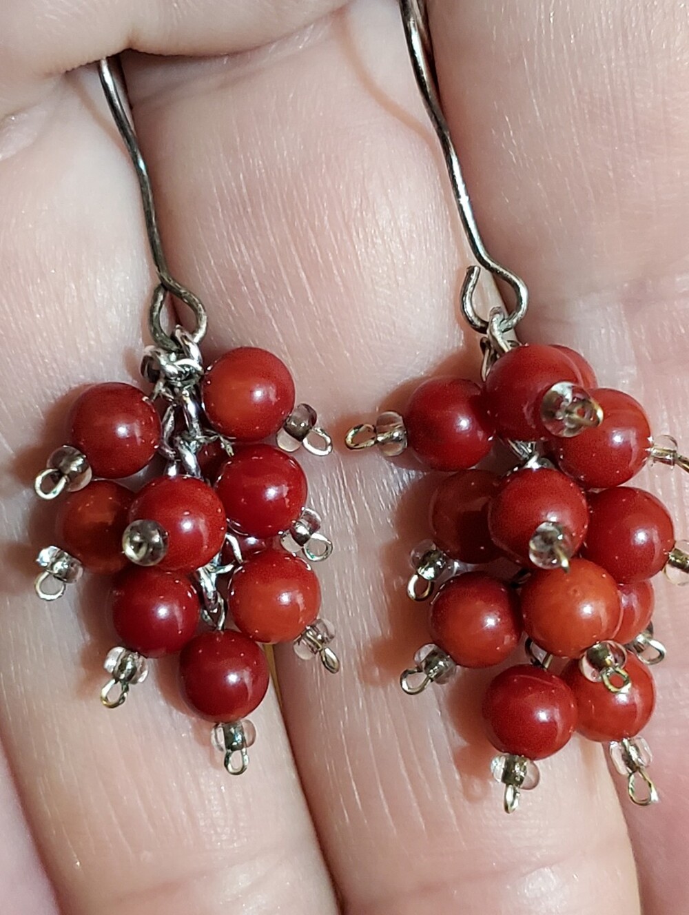 Genuine Japanese Momo Coral Grape Cluster Dangle Earrings (18 Beads Total)​Des